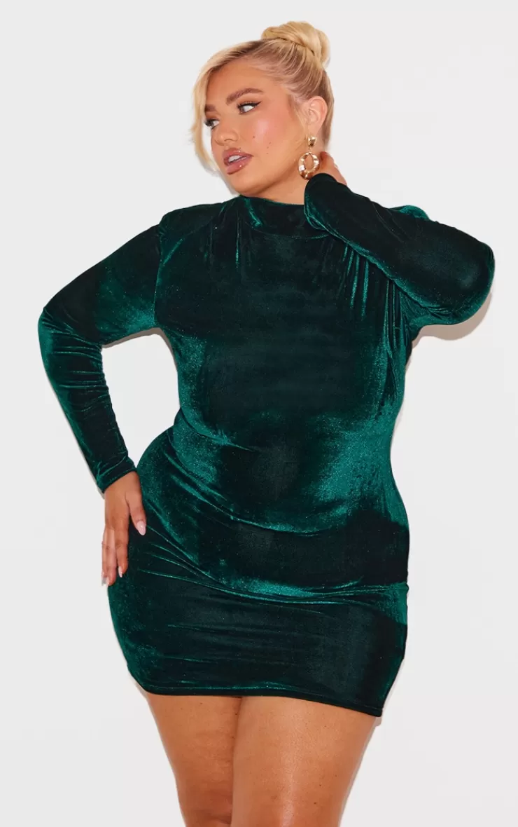 PrettyLittleThing Plus Velour High Neck Long Sleeve Mini Dress< New Years Eve