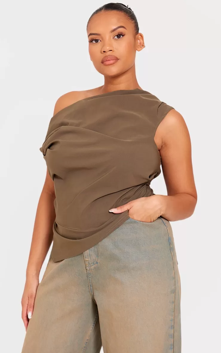 PrettyLittleThing Plus Bengaline Ruched Asymmetric Long Top< Going Out