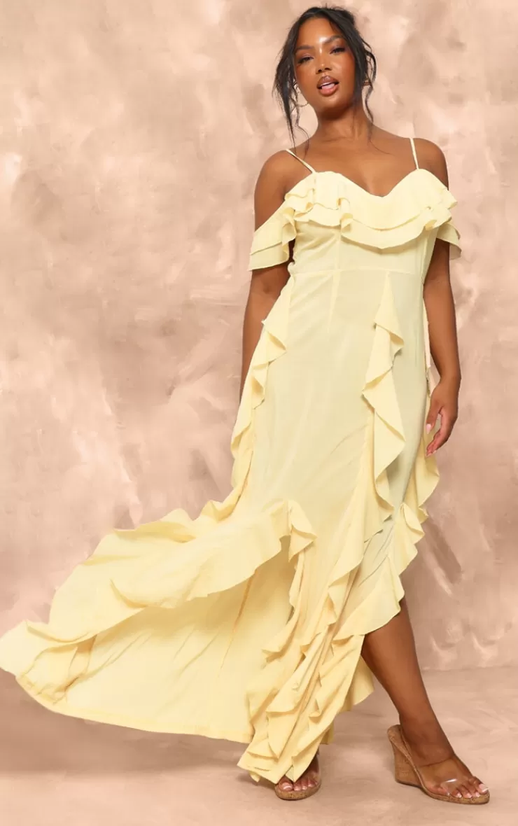 PrettyLittleThing Plus Cold Shoulder Ruffle Detail Maxi Dress< Plus Size Wedding Guest Dresses