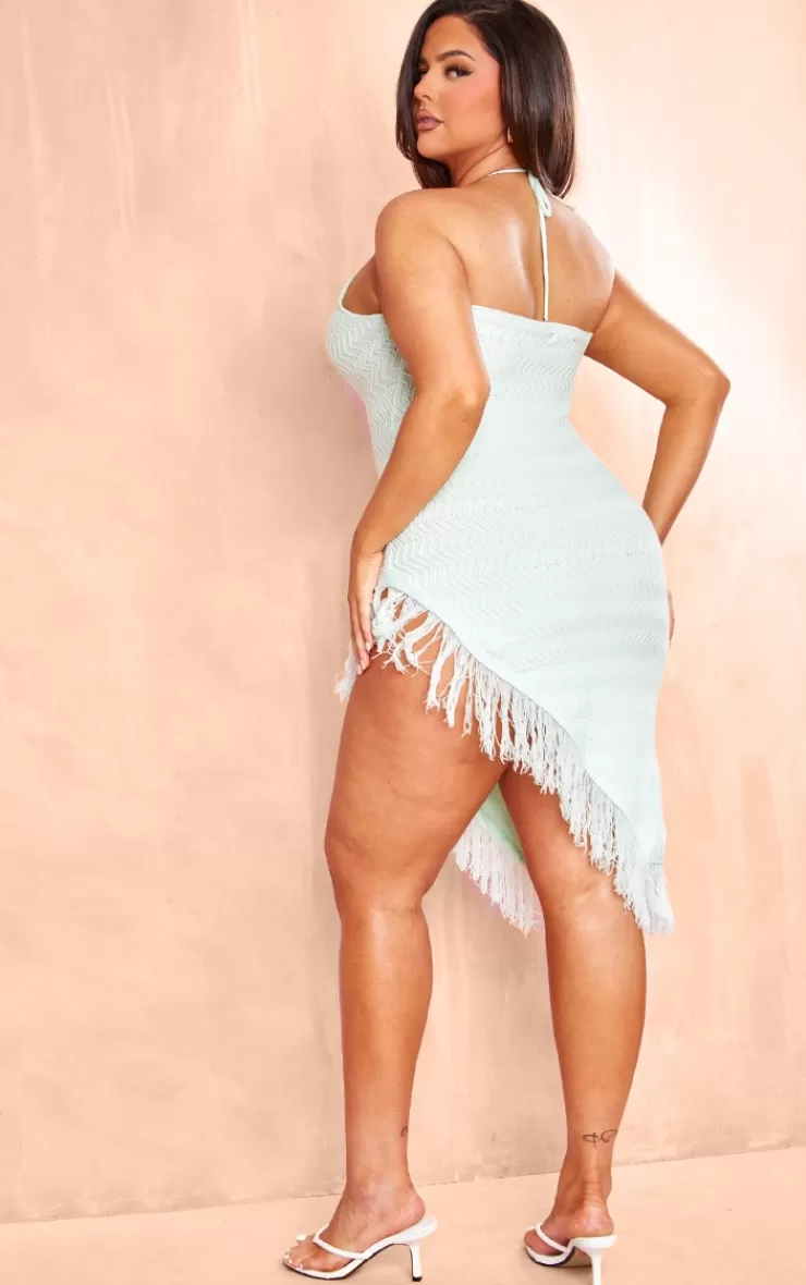 PrettyLittleThing Plus Green Knitted Fringe Detail Midi Dress< Midi Dresses