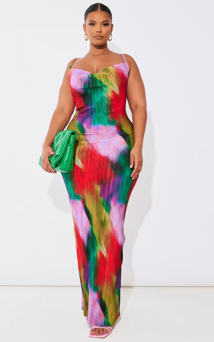 PrettyLittleThing Plus Printed Plisse Cowl Neck Maxi Dress< Plus Size Wedding Guest Dresses