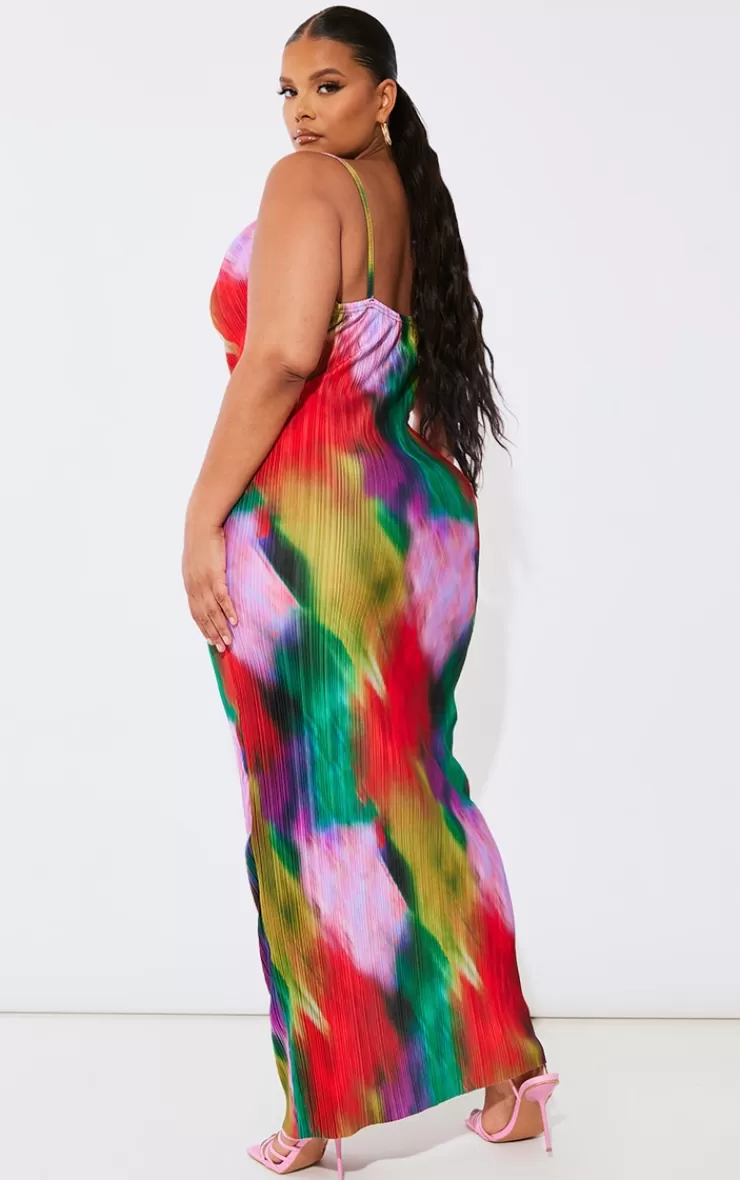 PrettyLittleThing Plus Printed Plisse Cowl Neck Maxi Dress< Plus Size Wedding Guest Dresses