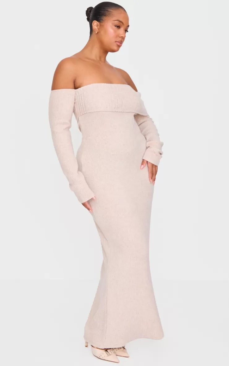 PrettyLittleThing Plus Brushed Rib Bardot Maxi Dress< Maxi Dresses