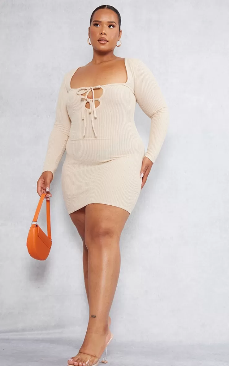 PrettyLittleThing Plus Tie Front Longsleeve Bodycon Dress< Bodycon Dresses