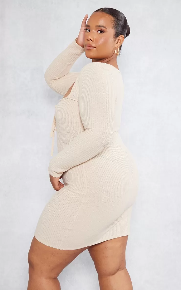 PrettyLittleThing Plus Tie Front Longsleeve Bodycon Dress< Bodycon Dresses