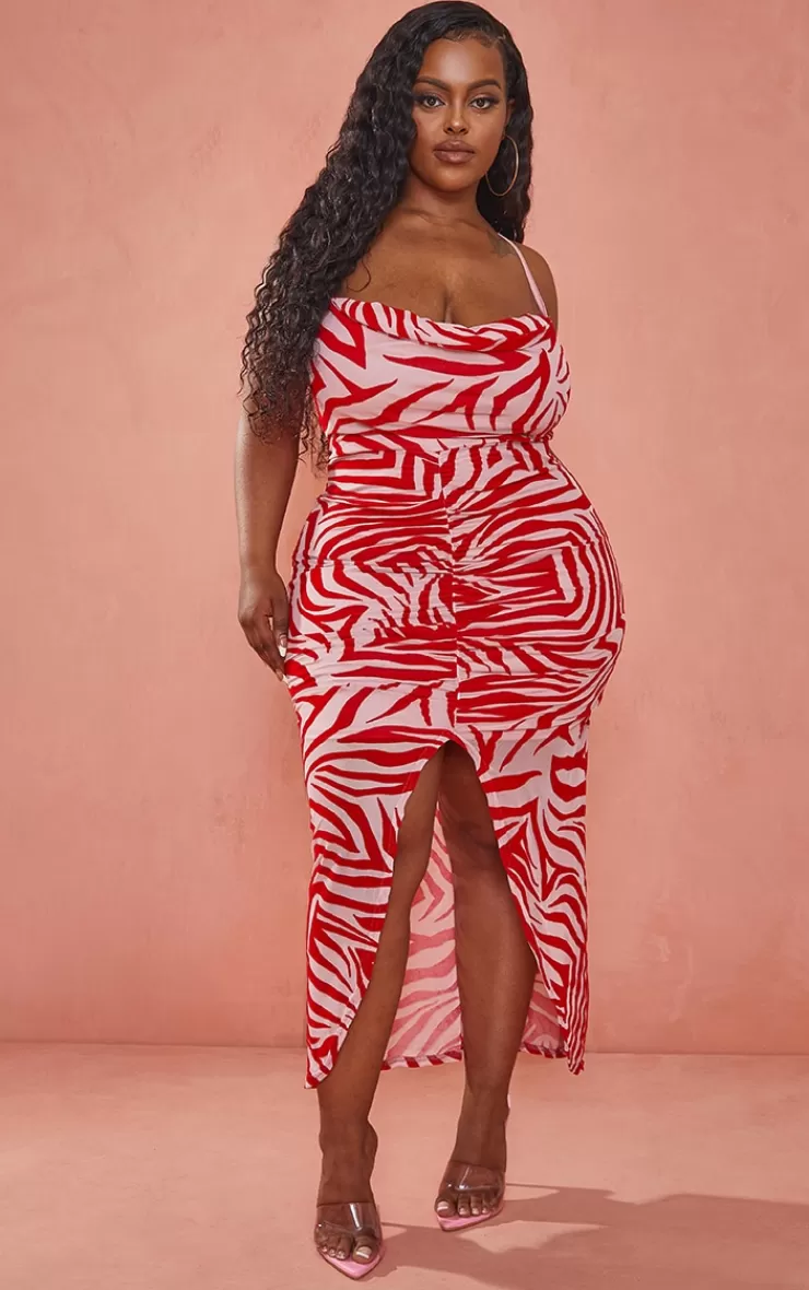 PrettyLittleThing Plus Devore Ruched Cowl Neck Midi Dress< Plus Size Wedding Guest Dresses