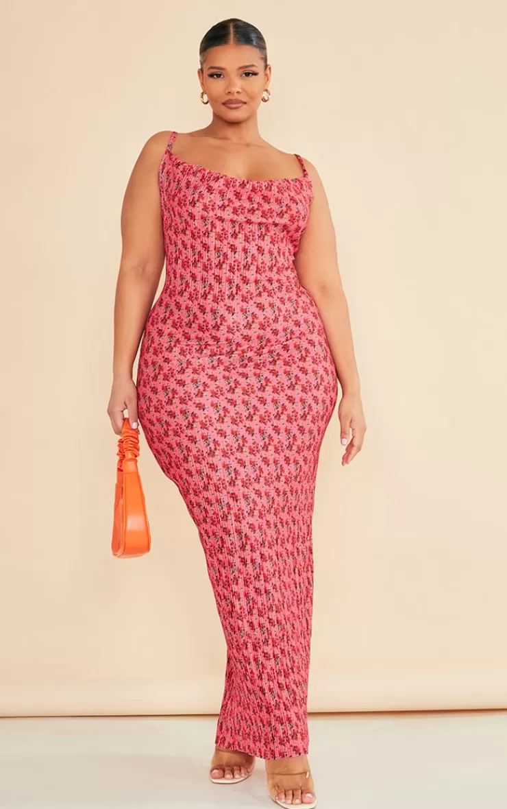 PrettyLittleThing Plus Floral Printed Plisse Cowl Neck Maxi Dress< Plus Size Wedding Guest Dresses