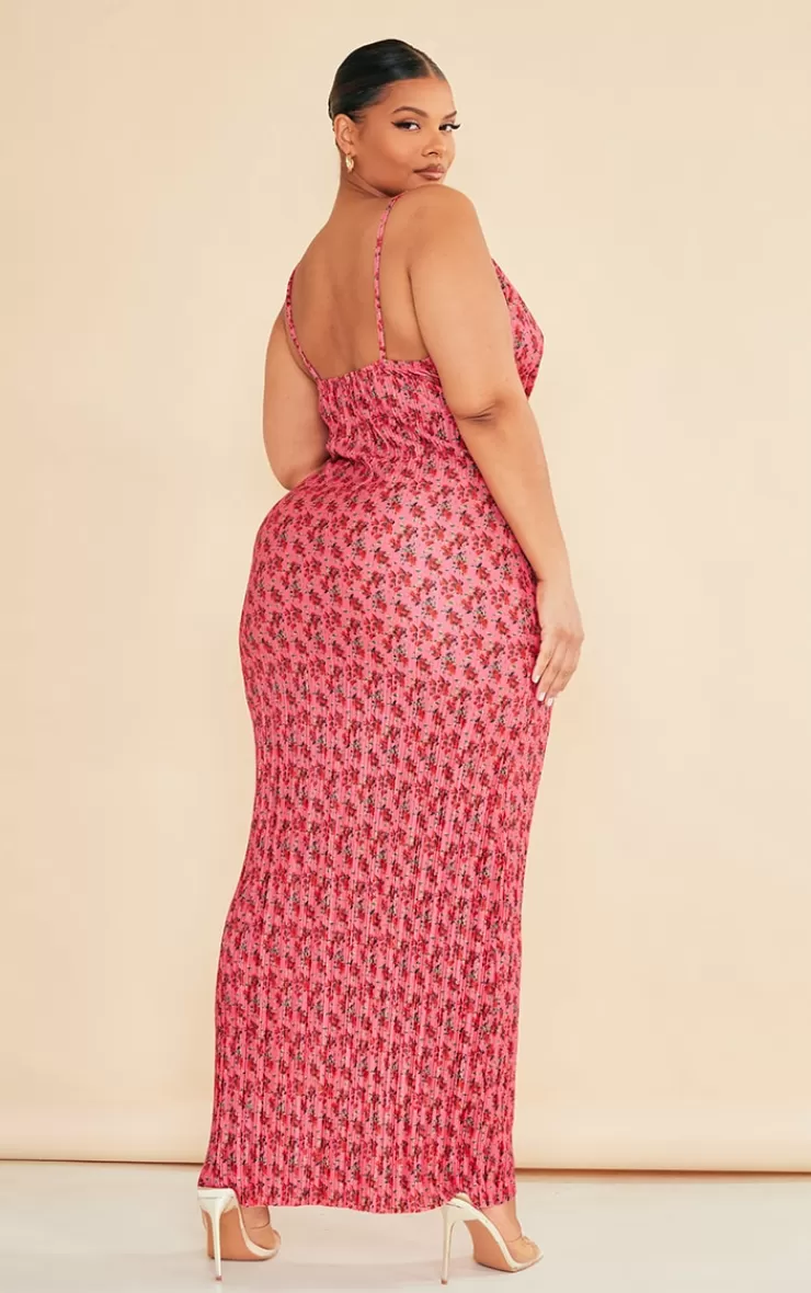 PrettyLittleThing Plus Floral Printed Plisse Cowl Neck Maxi Dress< Plus Size Wedding Guest Dresses