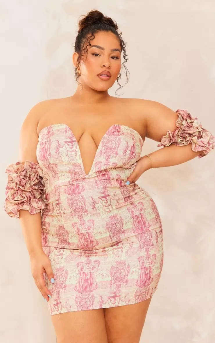 PrettyLittleThing Plus Statue V Neck Ruffle Sleeve Bodycon Dress< Going Out