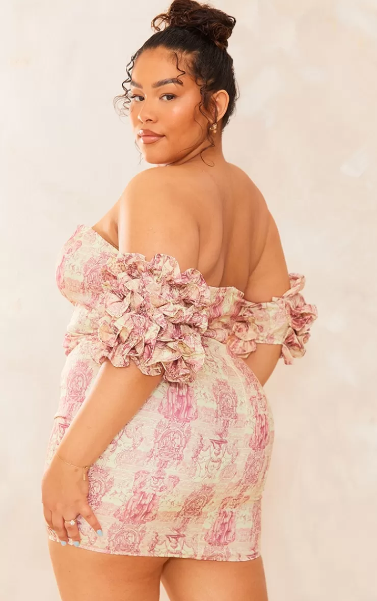 PrettyLittleThing Plus Statue V Neck Ruffle Sleeve Bodycon Dress< Going Out