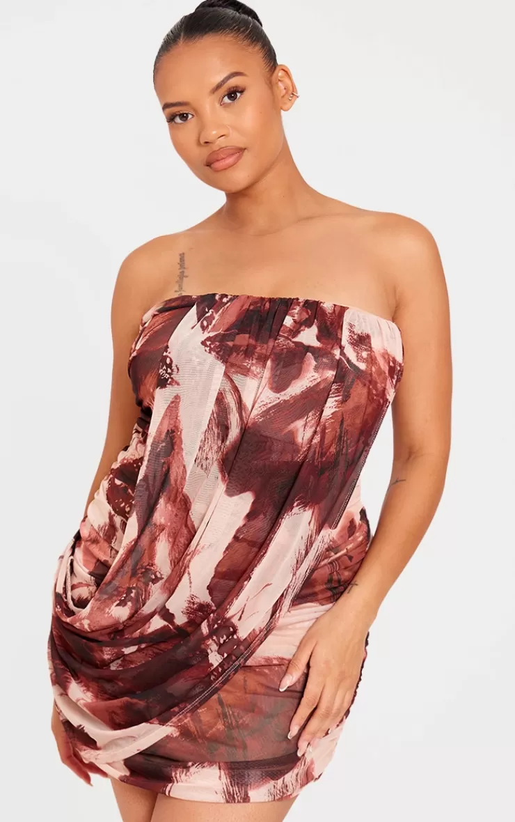 PrettyLittleThing Plus Animal Print Mesh Bandeau Drape Front Bodycon Mini Dress< Going Out