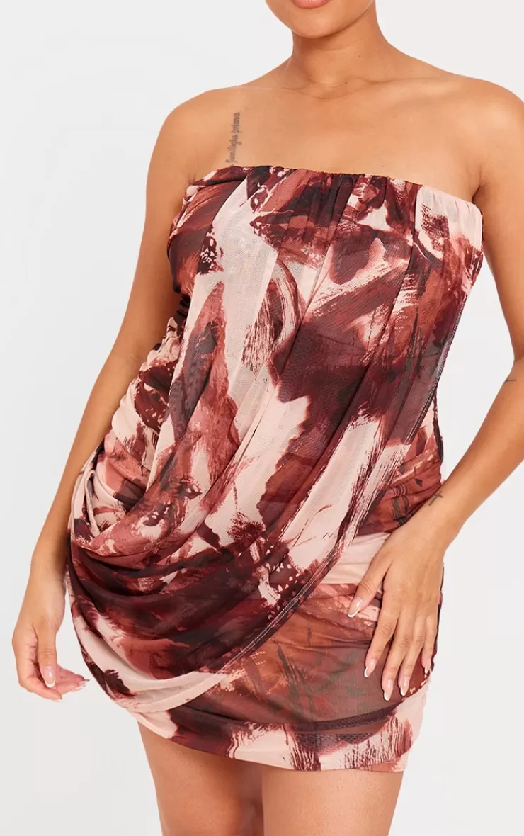 PrettyLittleThing Plus Animal Print Mesh Bandeau Drape Front Bodycon Mini Dress< Going Out