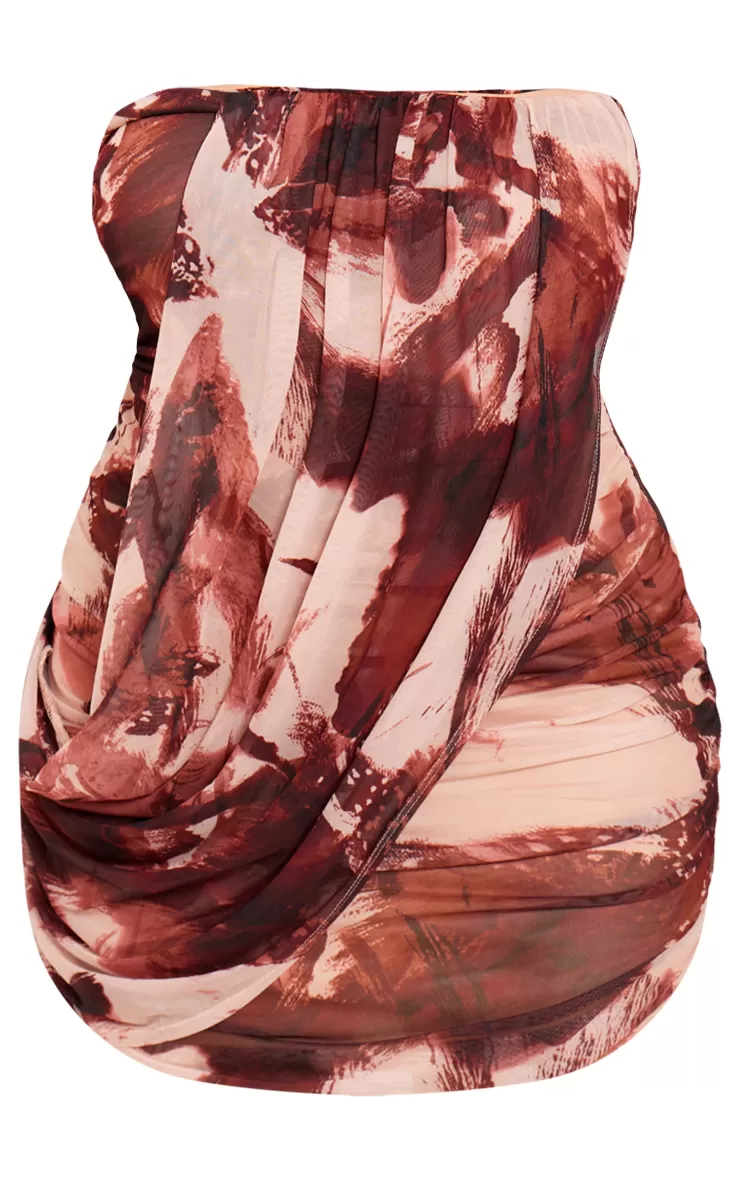 PrettyLittleThing Plus Animal Print Mesh Bandeau Drape Front Bodycon Mini Dress< Going Out
