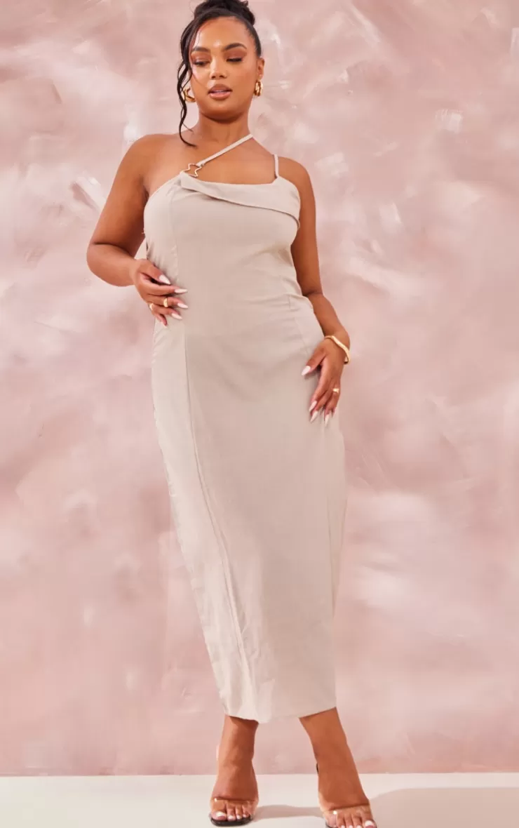 PrettyLittleThing Plus Linen Look Asymmetric Strap Midi Dress< Plus Size Bridesmaid Dresses