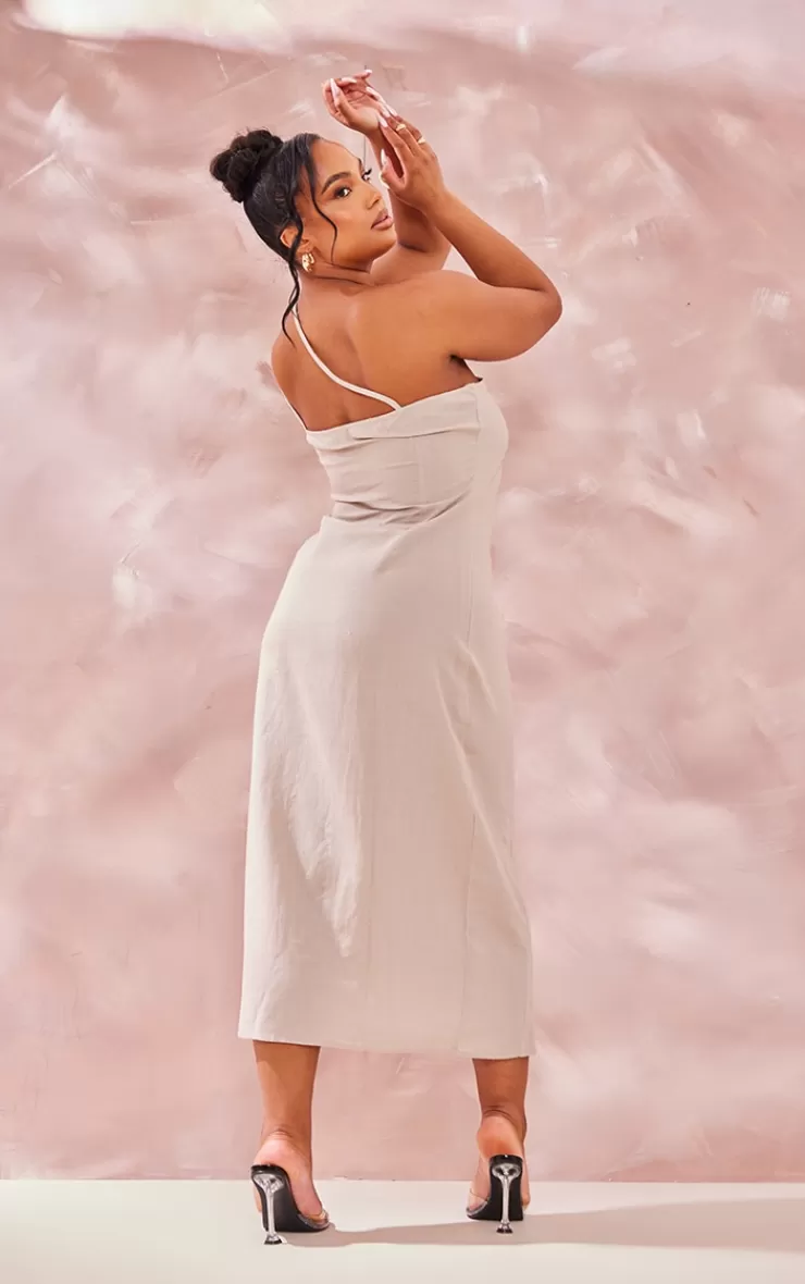 PrettyLittleThing Plus Linen Look Asymmetric Strap Midi Dress< Plus Size Bridesmaid Dresses