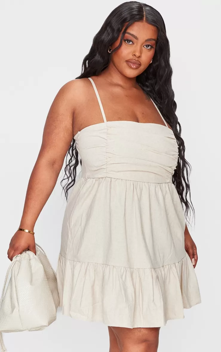 PrettyLittleThing Plus Linen Ruched Bust Detail Tiered Hem Mini Dress< Mini Dresses