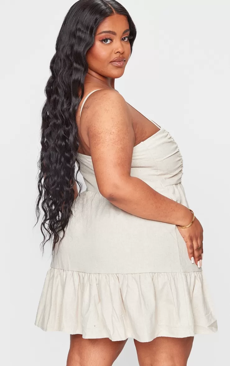 PrettyLittleThing Plus Linen Ruched Bust Detail Tiered Hem Mini Dress< Mini Dresses