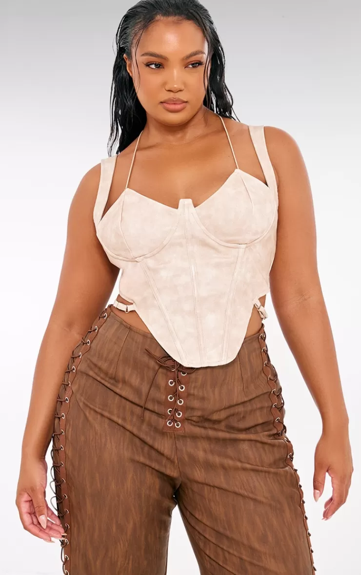 PrettyLittleThing Plus Washed Faux Leather Cross Halterneck Dip Hem Corset< Going Out