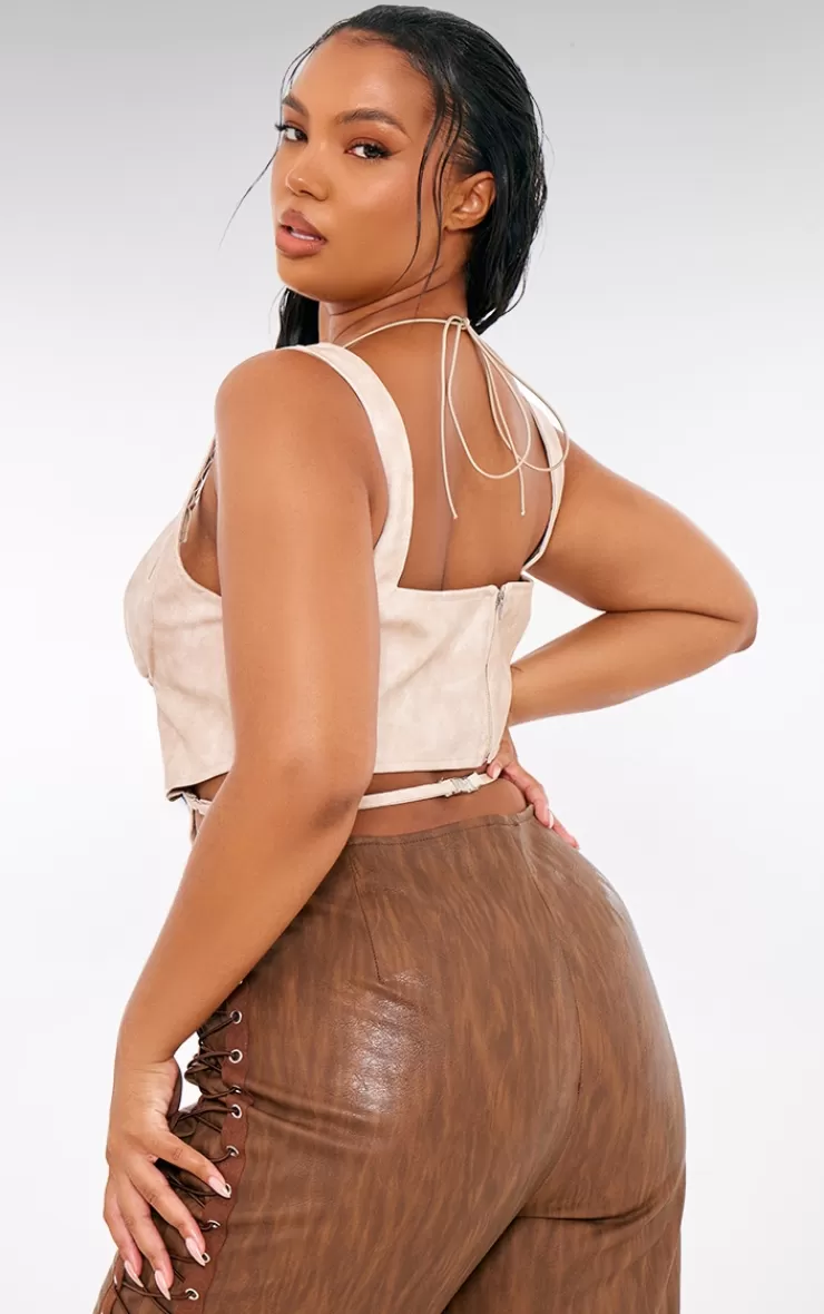 PrettyLittleThing Plus Washed Faux Leather Cross Halterneck Dip Hem Corset< Going Out