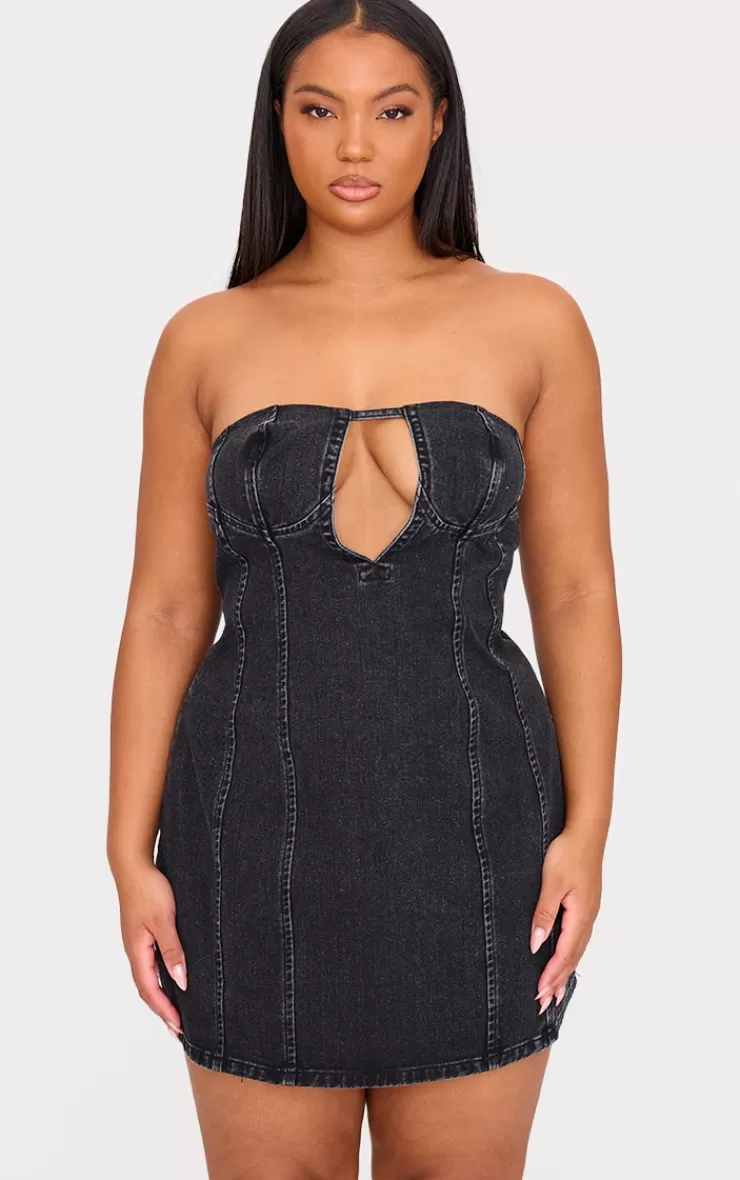 PrettyLittleThing Plus Plunge Detail Strapless Denim Mini Dress< Strapless Dresses