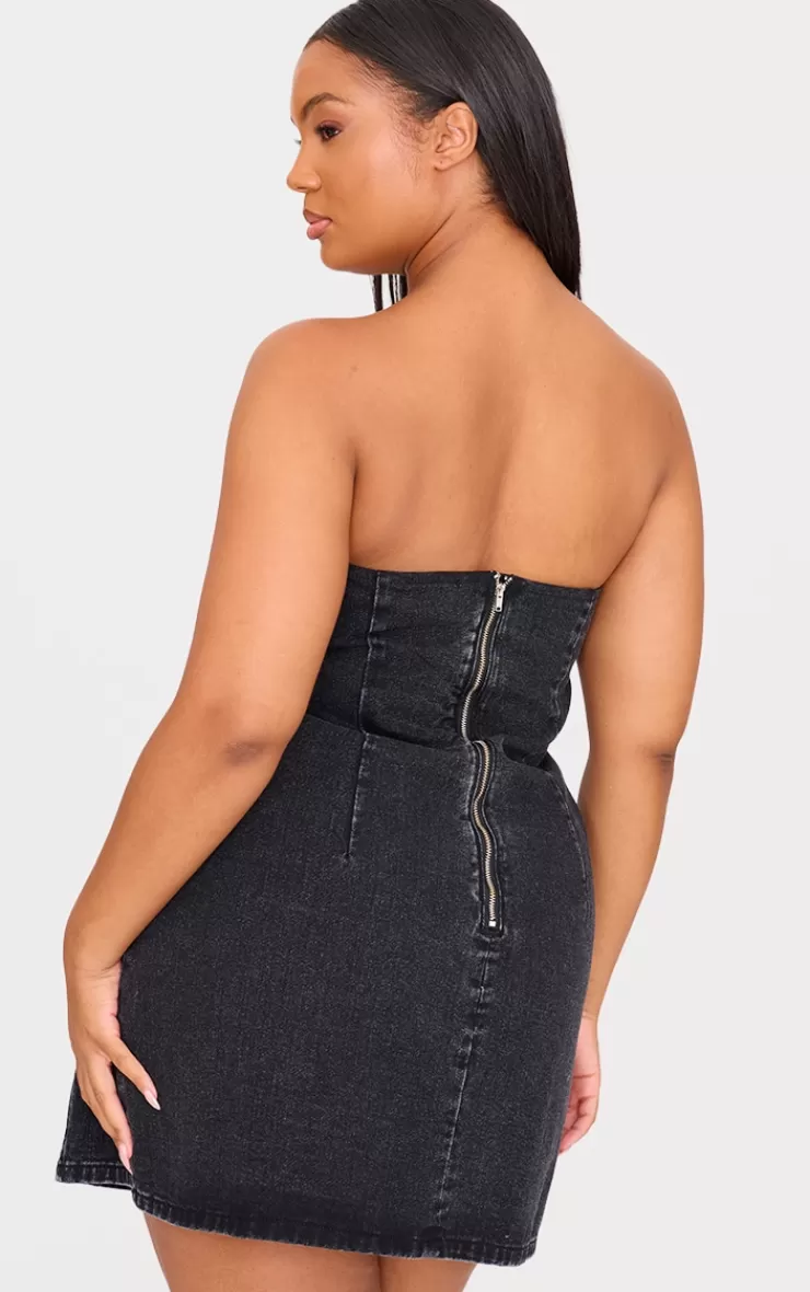 PrettyLittleThing Plus Plunge Detail Strapless Denim Mini Dress< Strapless Dresses