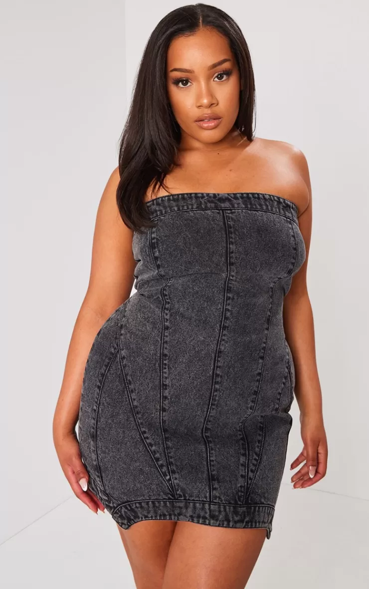 PrettyLittleThing Plus Seam Detail Asymmetric Denim Mini Dress< Strapless Dresses