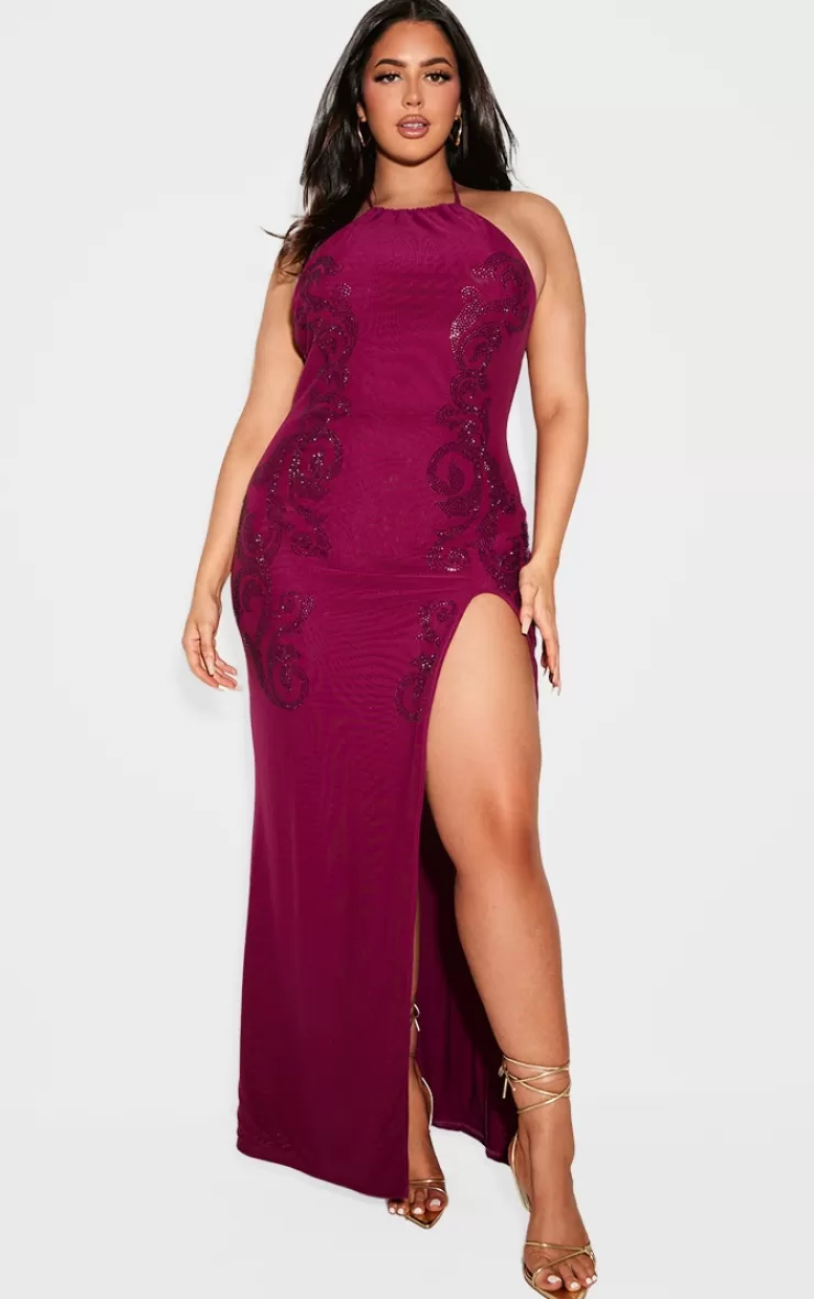 PrettyLittleThing Plus Lined Mesh Diamante Detail Split Maxi Dress< Plus Size Occasion Dresses