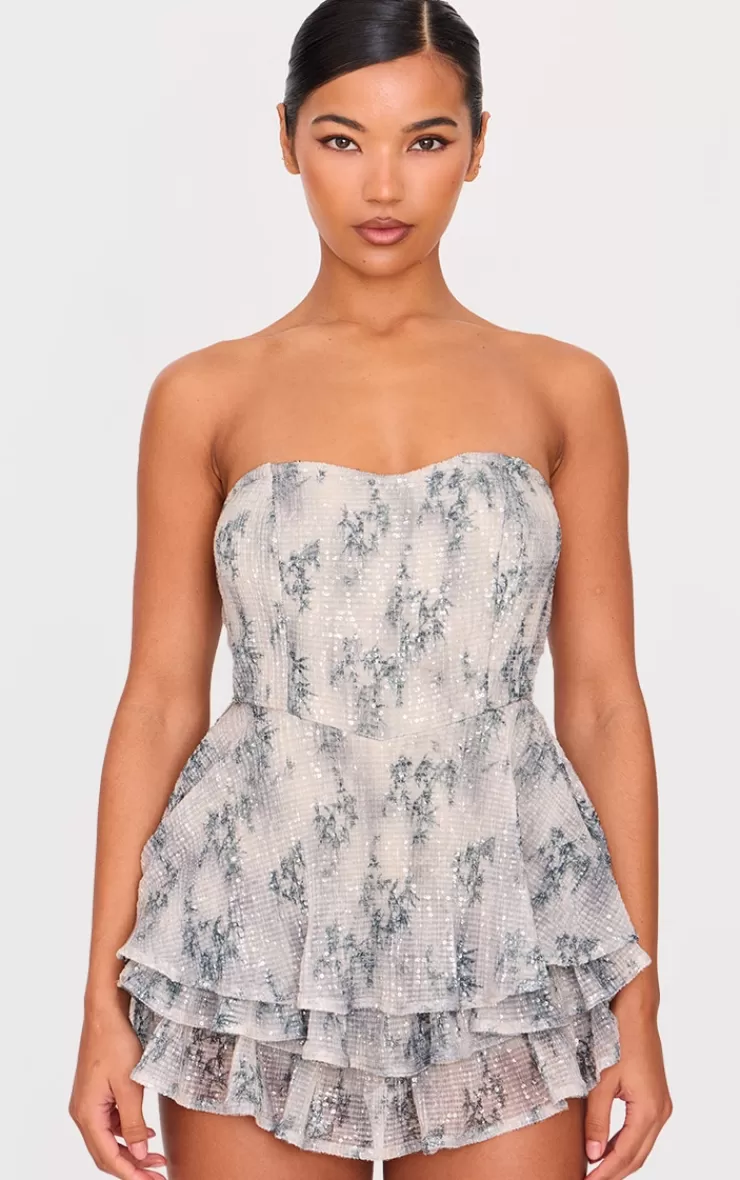 PrettyLittleThing Premium Lilac Floral Print Embellished Bandeau Rara Romper< Going Out