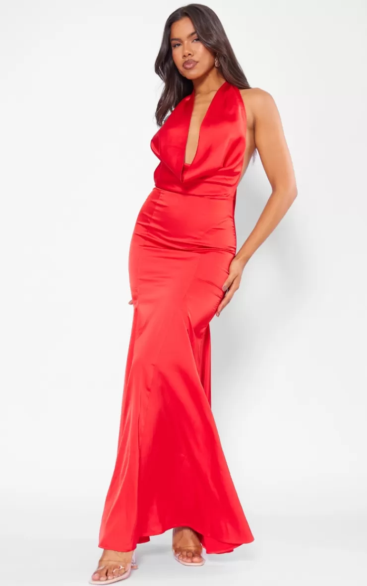 PrettyLittleThing Satin Extreme Cowl Neck Maxi Dress< Prom
