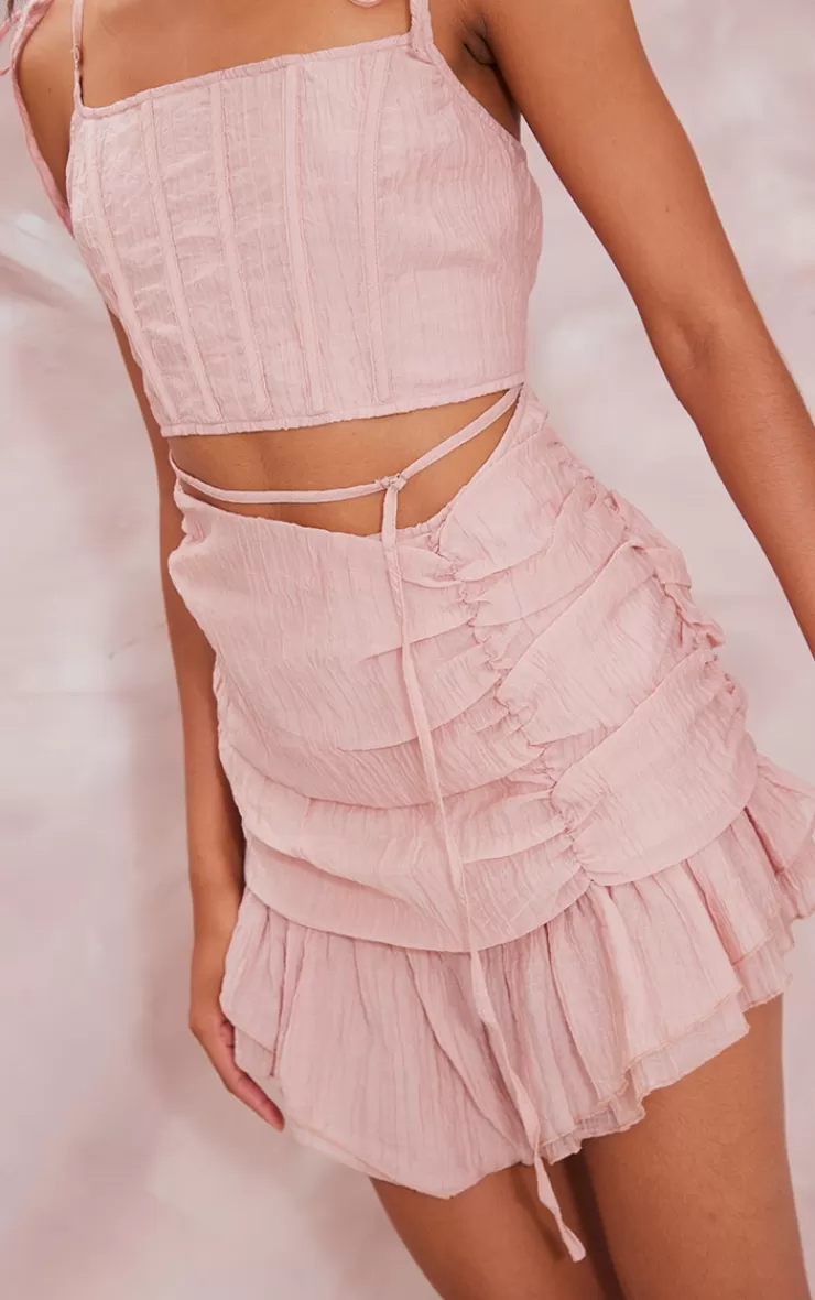 PrettyLittleThing Textured Tie Strap Corset Asymmetric Hem Bodycon Dress< Mini Dresses