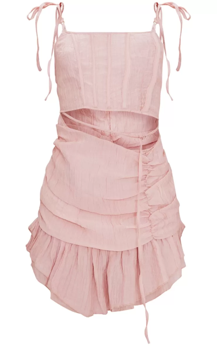 PrettyLittleThing Textured Tie Strap Corset Asymmetric Hem Bodycon Dress< Mini Dresses