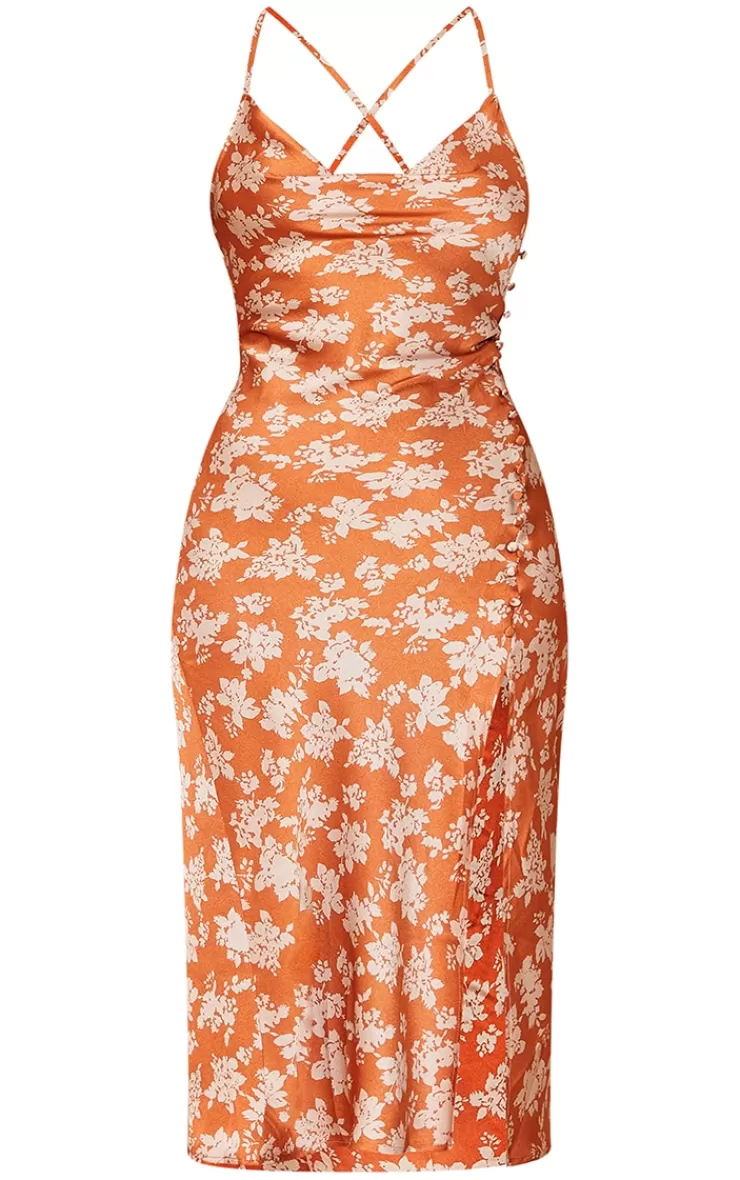 PrettyLittleThing Floral Print Button Detail Satin Midi Slip Dress< Wedding Guest Dresses