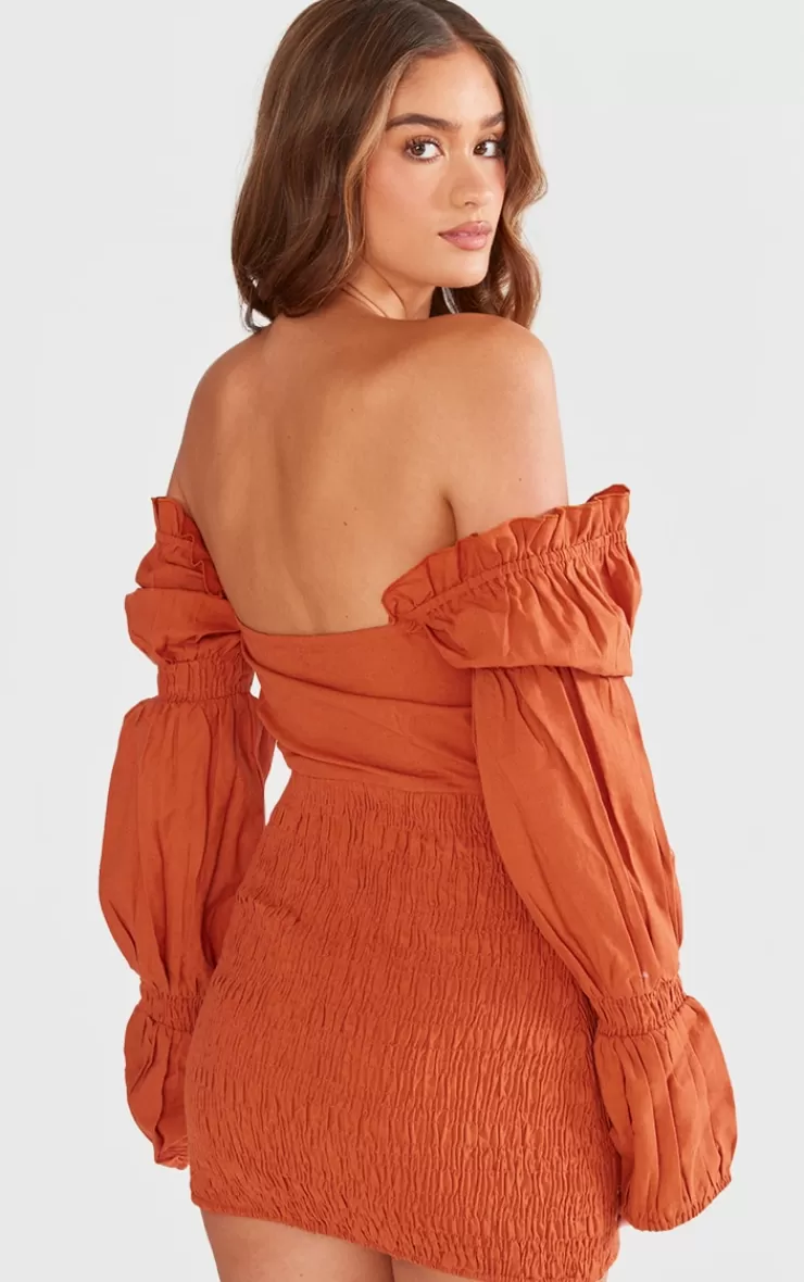 PrettyLittleThing Linen Blend Square Neck Puff Sleeve Mini Dress< Mini Dresses
