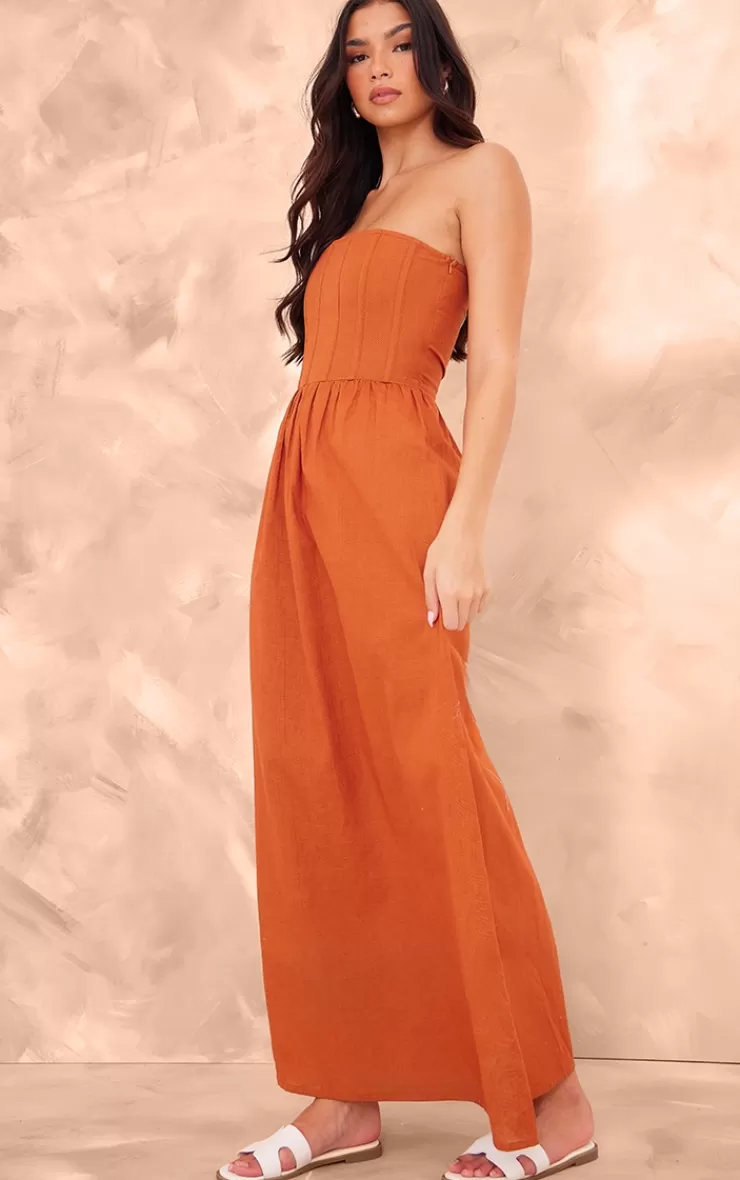 PrettyLittleThing Linen Look Corset Bandeau Maxi Dress< Strapless Dresses