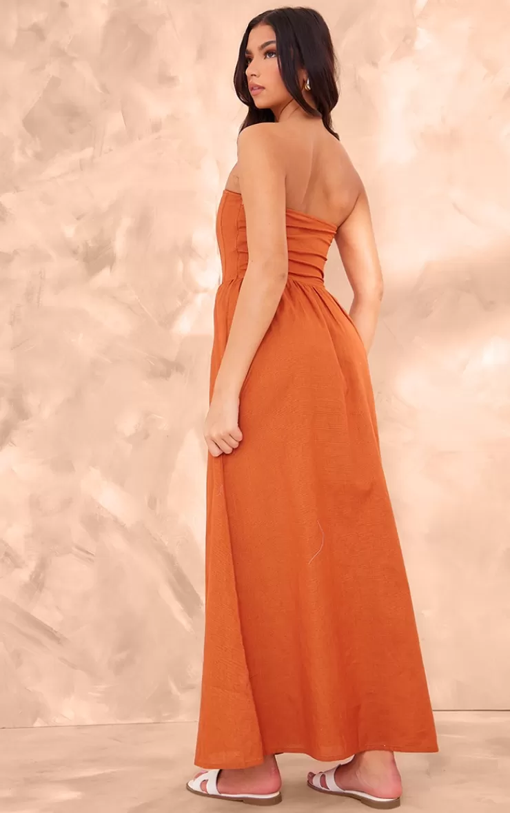 PrettyLittleThing Linen Look Corset Bandeau Maxi Dress< Strapless Dresses