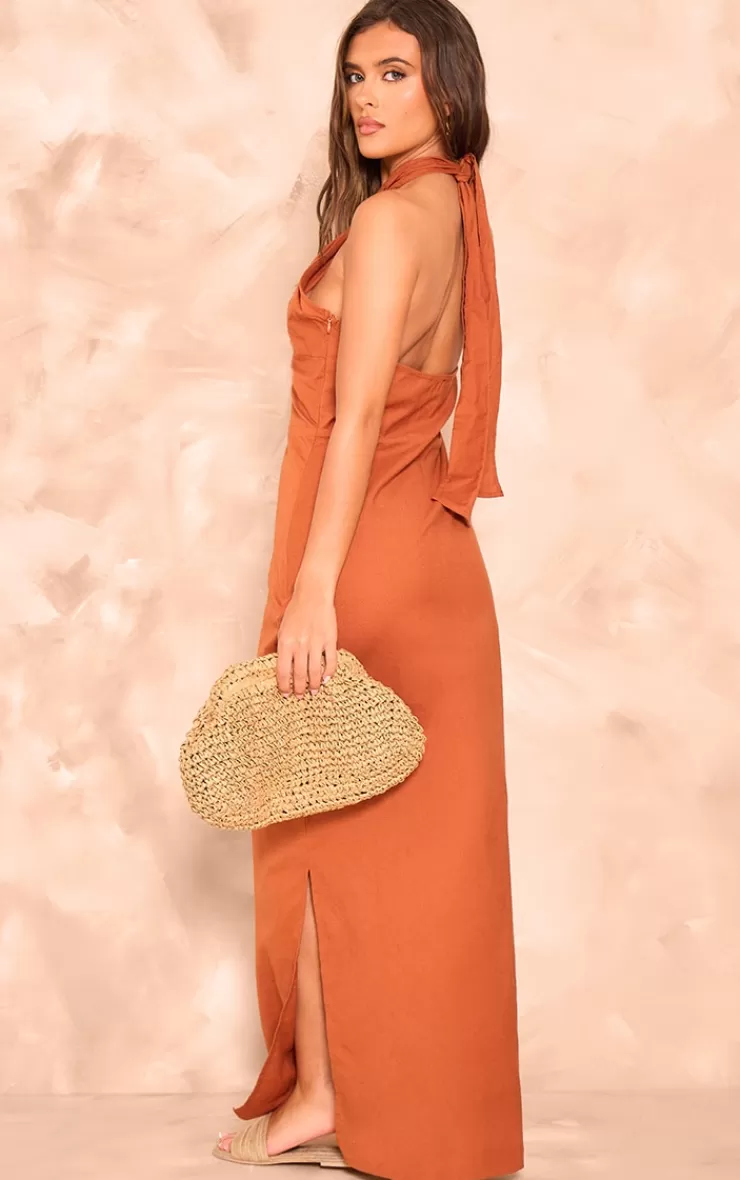 PrettyLittleThing Linen Look Knot Halterneck Maxi Dress< Maxi Dresses