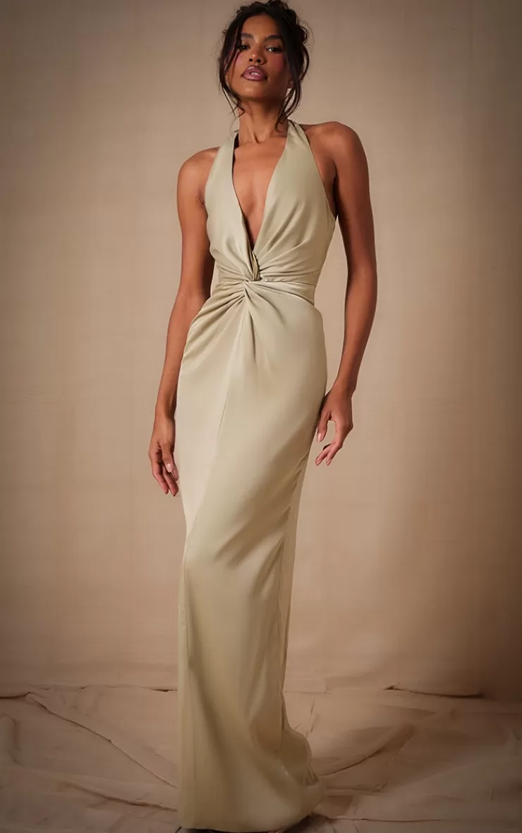 PrettyLittleThing Bridesmaid Satin Twist Plunge Halterneck Maxi Dress< Bridal Shower