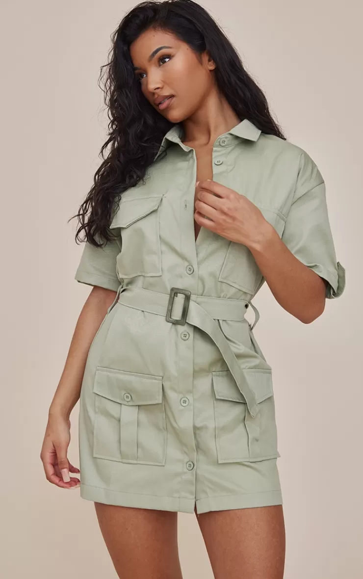 PrettyLittleThing Cargo Shirt Sleeve Belted Shirt Dress< Shirt Dresses