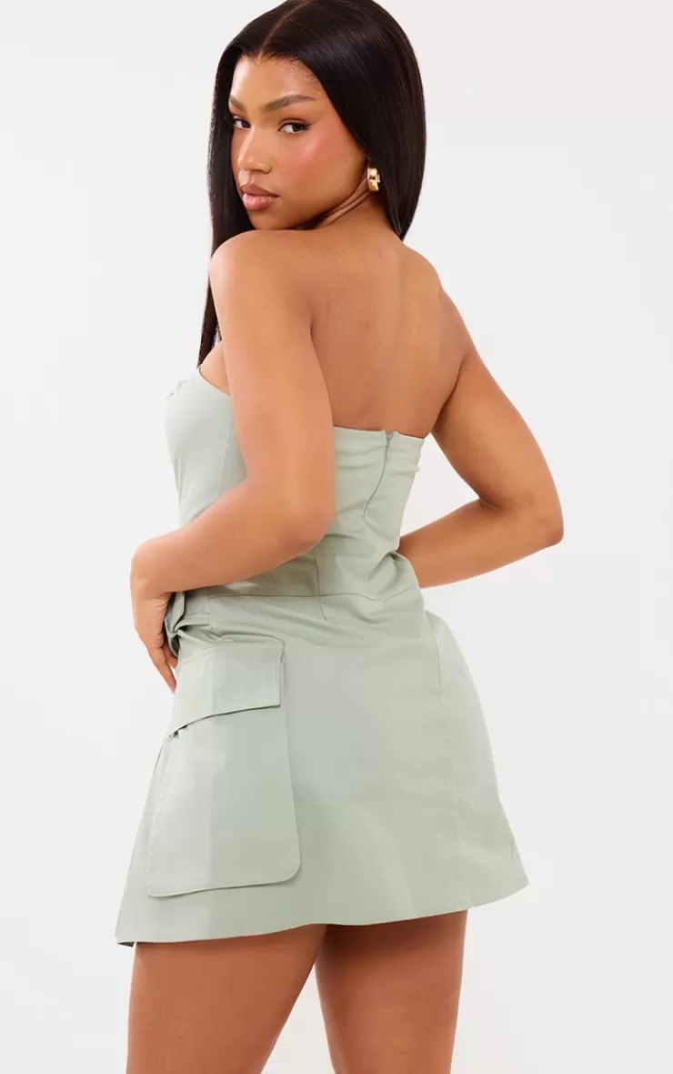 PrettyLittleThing Tailored Woven Pocket Belted Bandeau Bodycon Dress< Strapless Dresses