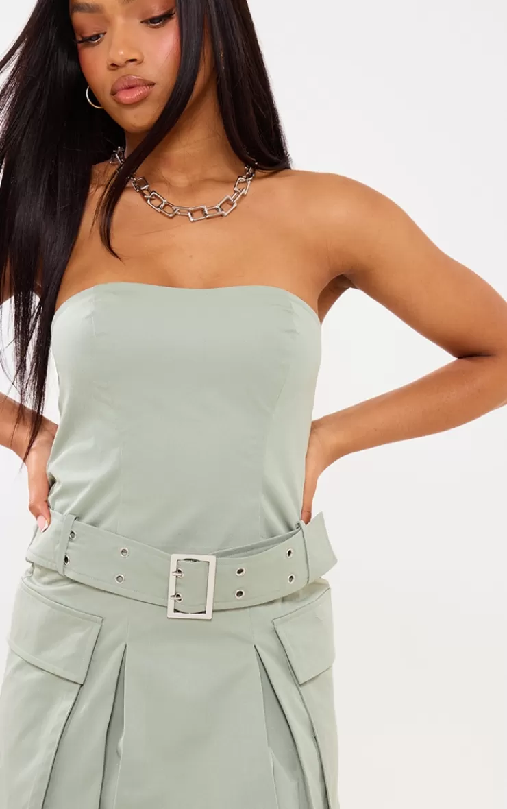 PrettyLittleThing Tailored Woven Pocket Belted Bandeau Bodycon Dress< Strapless Dresses
