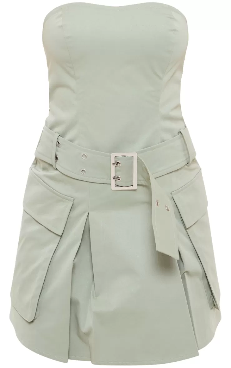 PrettyLittleThing Tailored Woven Pocket Belted Bandeau Bodycon Dress< Strapless Dresses