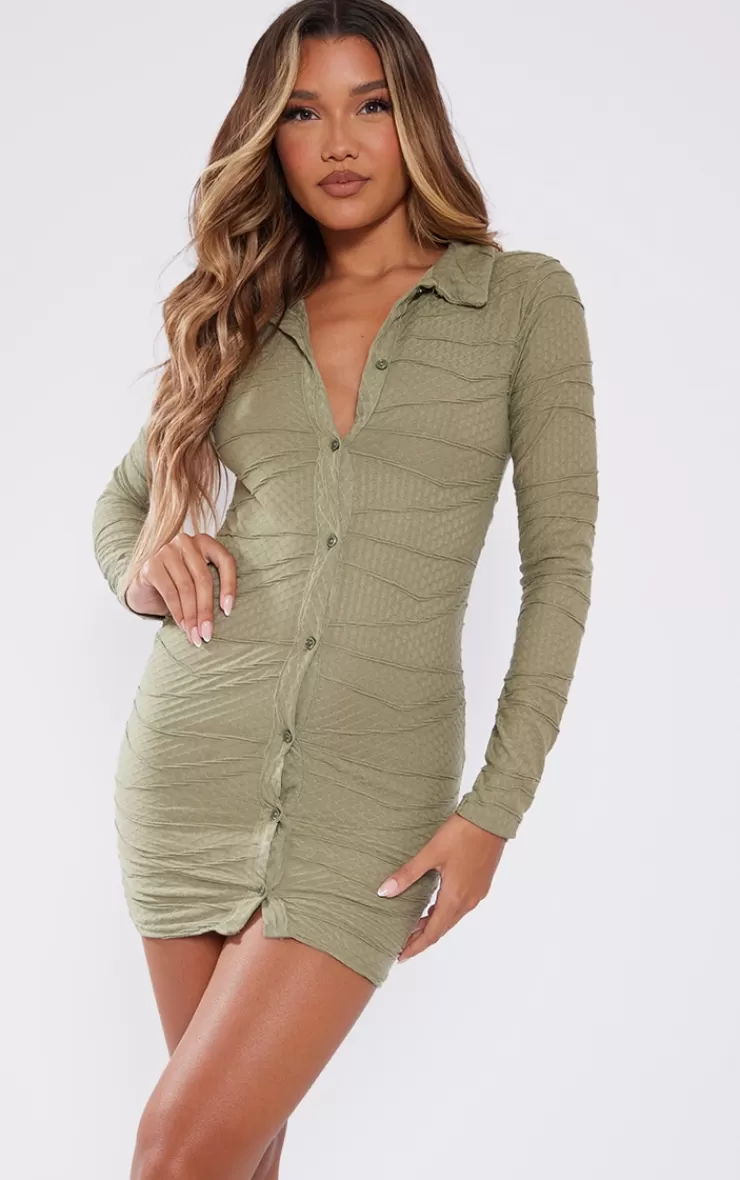 PrettyLittleThing Textured Button Down Polo Collar Shirt Dress< Shirt Dresses