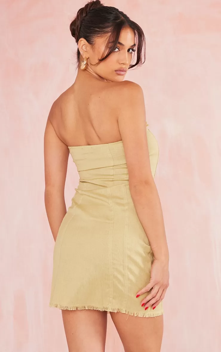 PrettyLittleThing Linen Look Bandeau Binding Detail Frayed Hem Bodycon Dress< Strapless Dresses