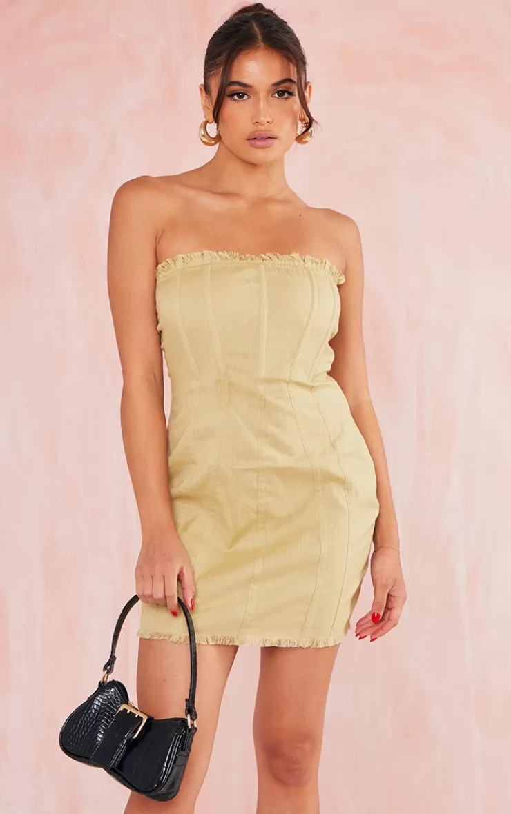 PrettyLittleThing Linen Look Bandeau Binding Detail Frayed Hem Bodycon Dress< Strapless Dresses
