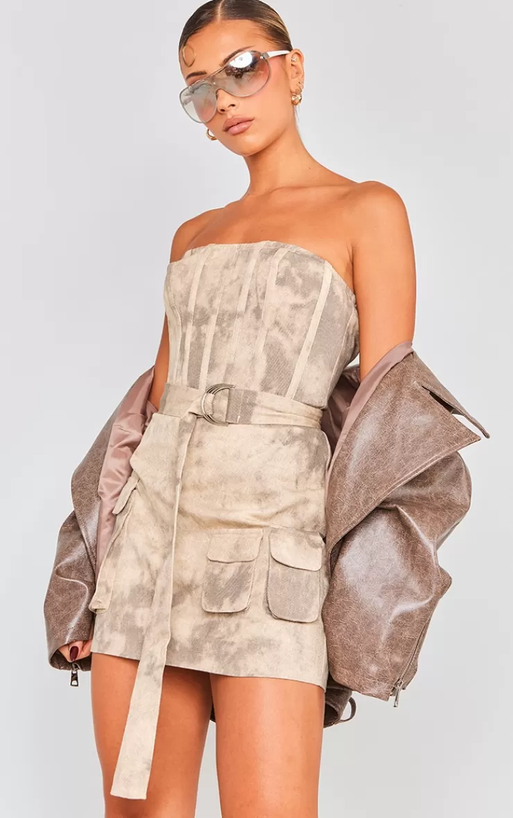 PrettyLittleThing Acid Wash Corset Belted Pocket Bodycon Dress< Strapless Dresses