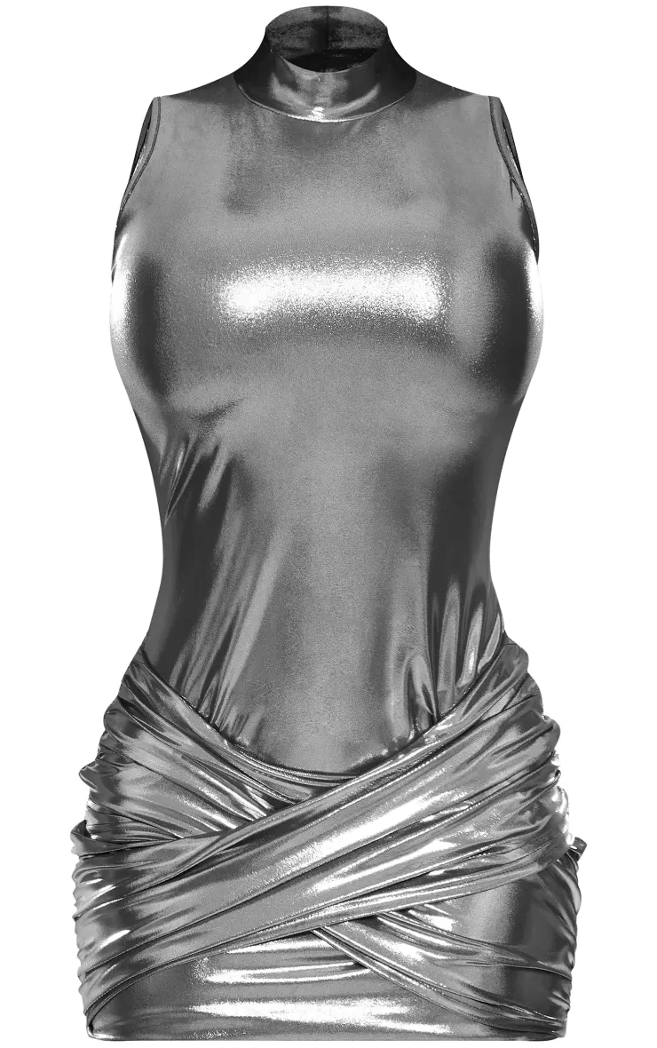 PrettyLittleThing Shape Wet Look Metallic High Neck Wrap Front Dress< Mini Dresses