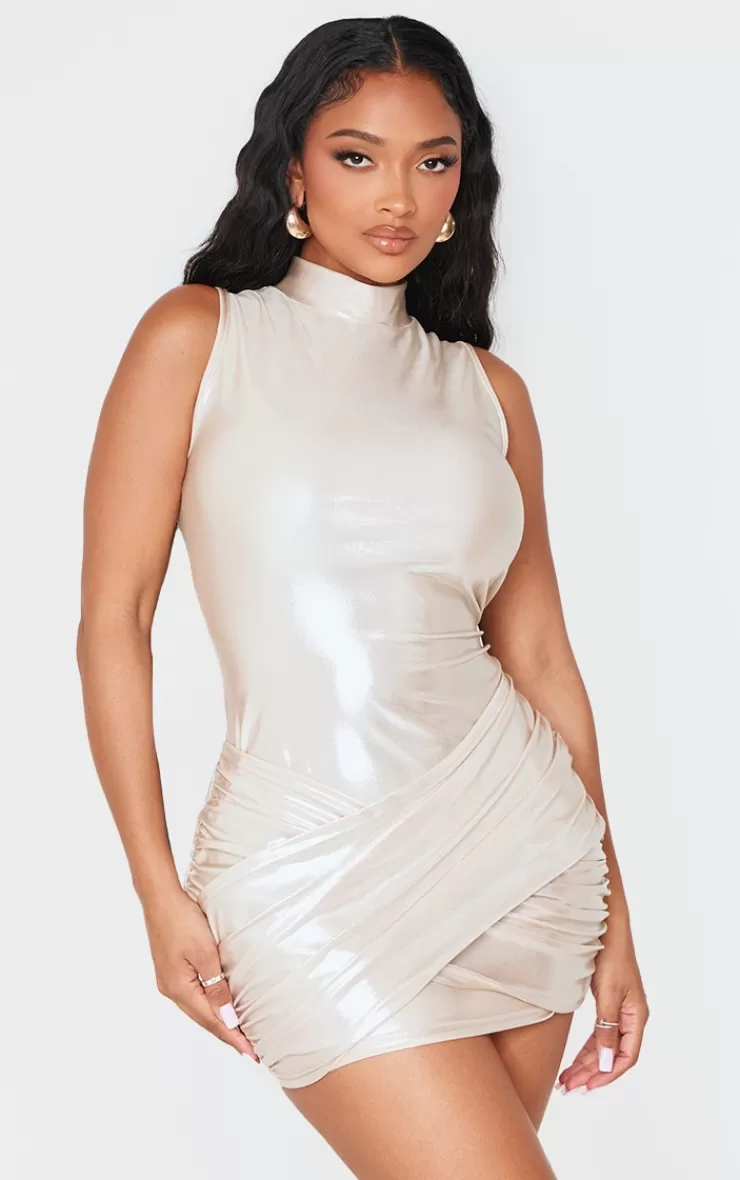 PrettyLittleThing Shape Wet Look Metallic High Neck Wrap Front Dress< Going Out