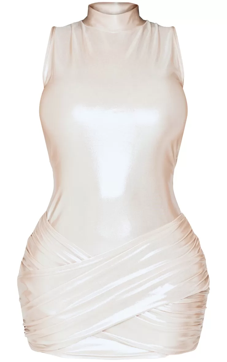PrettyLittleThing Shape Wet Look Metallic High Neck Wrap Front Dress< Going Out
