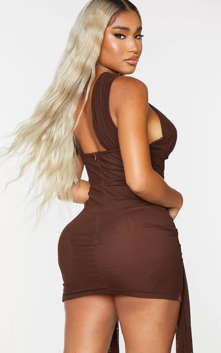 PrettyLittleThing Shape Mesh Wrap Neck Tie Detail Bodycon Dress< Wedding Guest Dresses