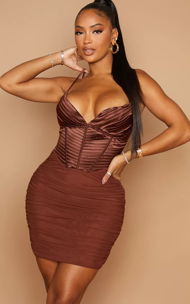 PrettyLittleThing Shape Satin Pleat Detail Corset Bodycon Dress< Going Out